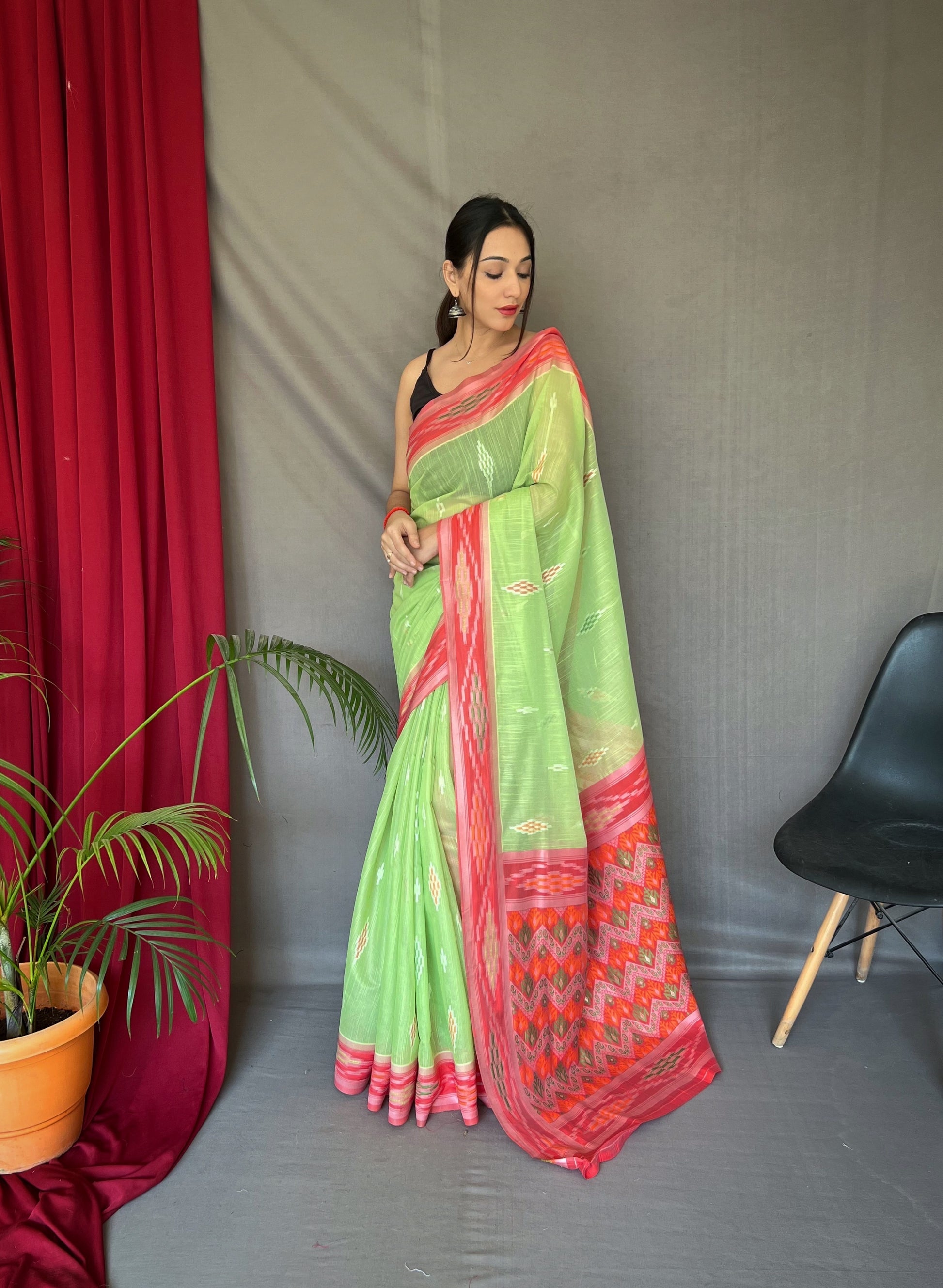 MySilkLove Feijoa Green Ikat Woven Cotton Silk Saree
