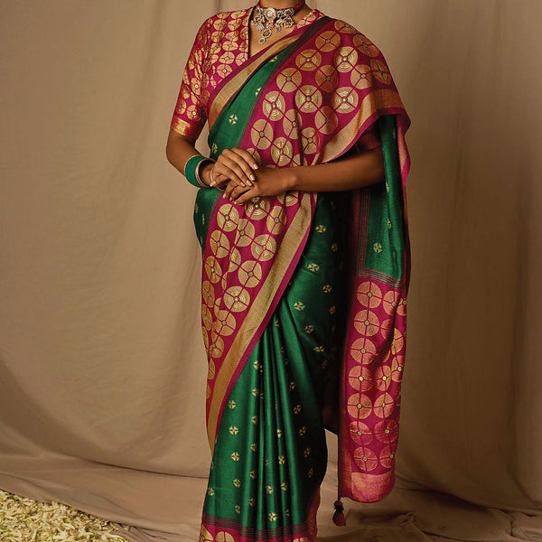 Mehndi Green and Maroon color silk sarees with zari border saree design  -SILK0002240