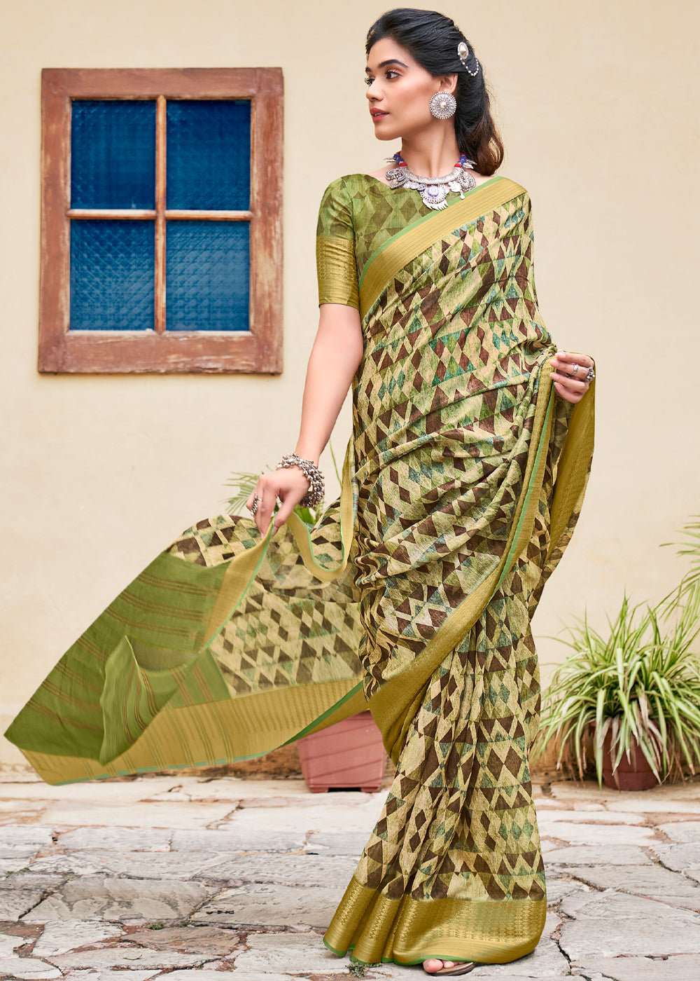 Buy MySilkLove Sycamore Green Banarasi Printed Saree Online