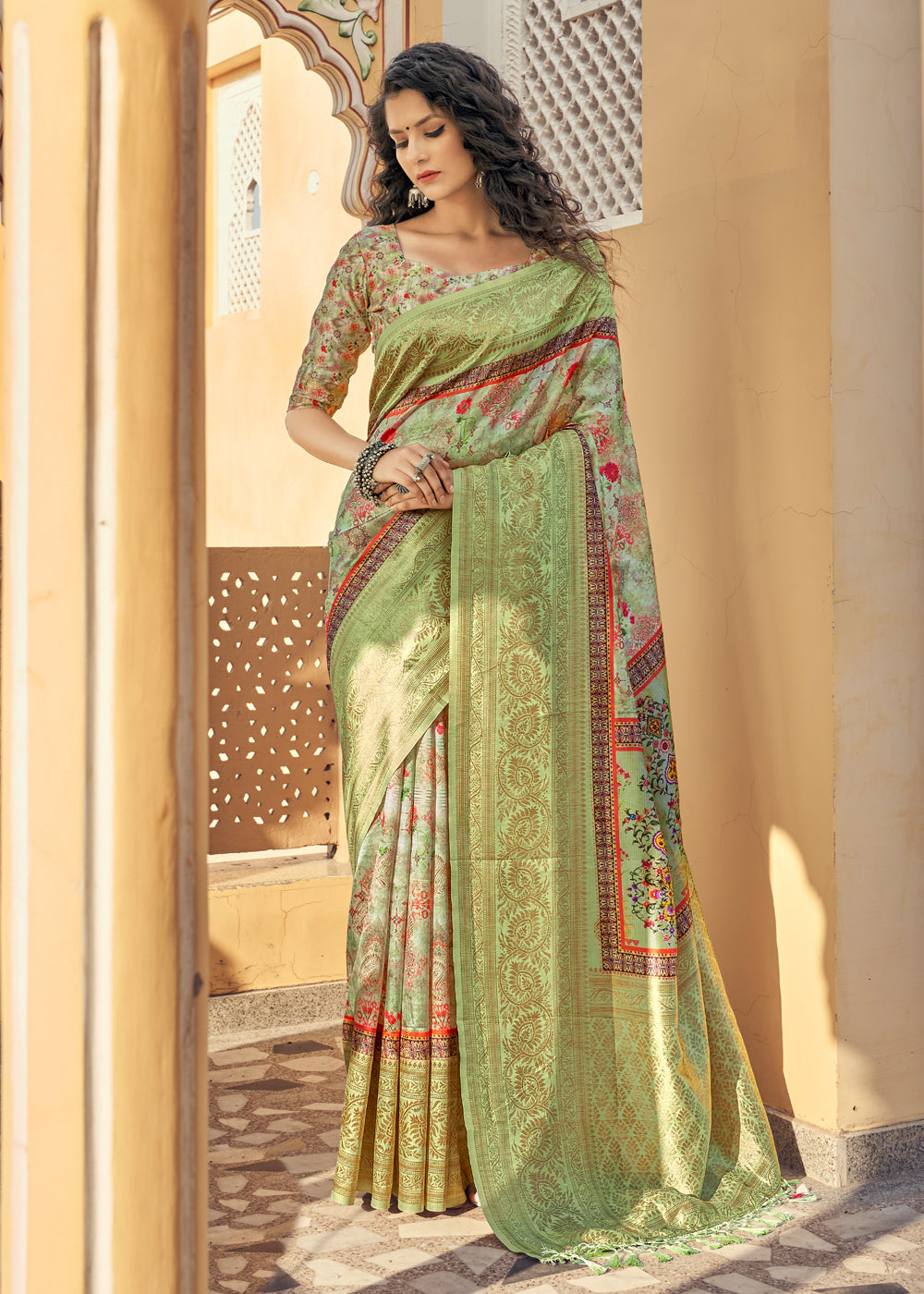 Buy MySilkLove Barley Green Digital Printed Jacquard Silk Saree Online