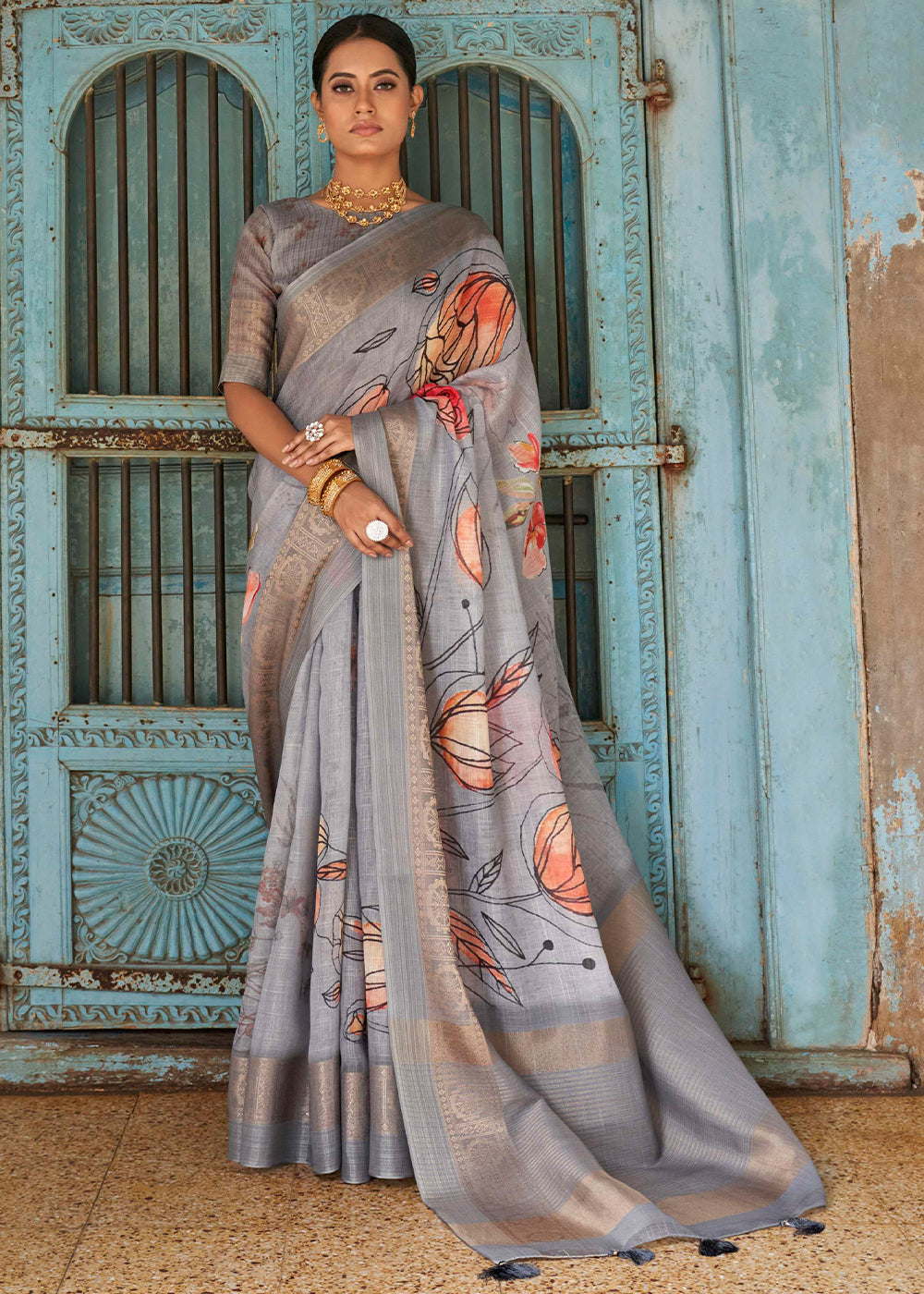 Buy MySilkLove Quick Silver Grey Floral Printed Linen Silk Saree Online