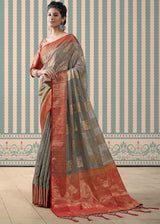 Sand Grey and Red Zari Woven Linen Saree