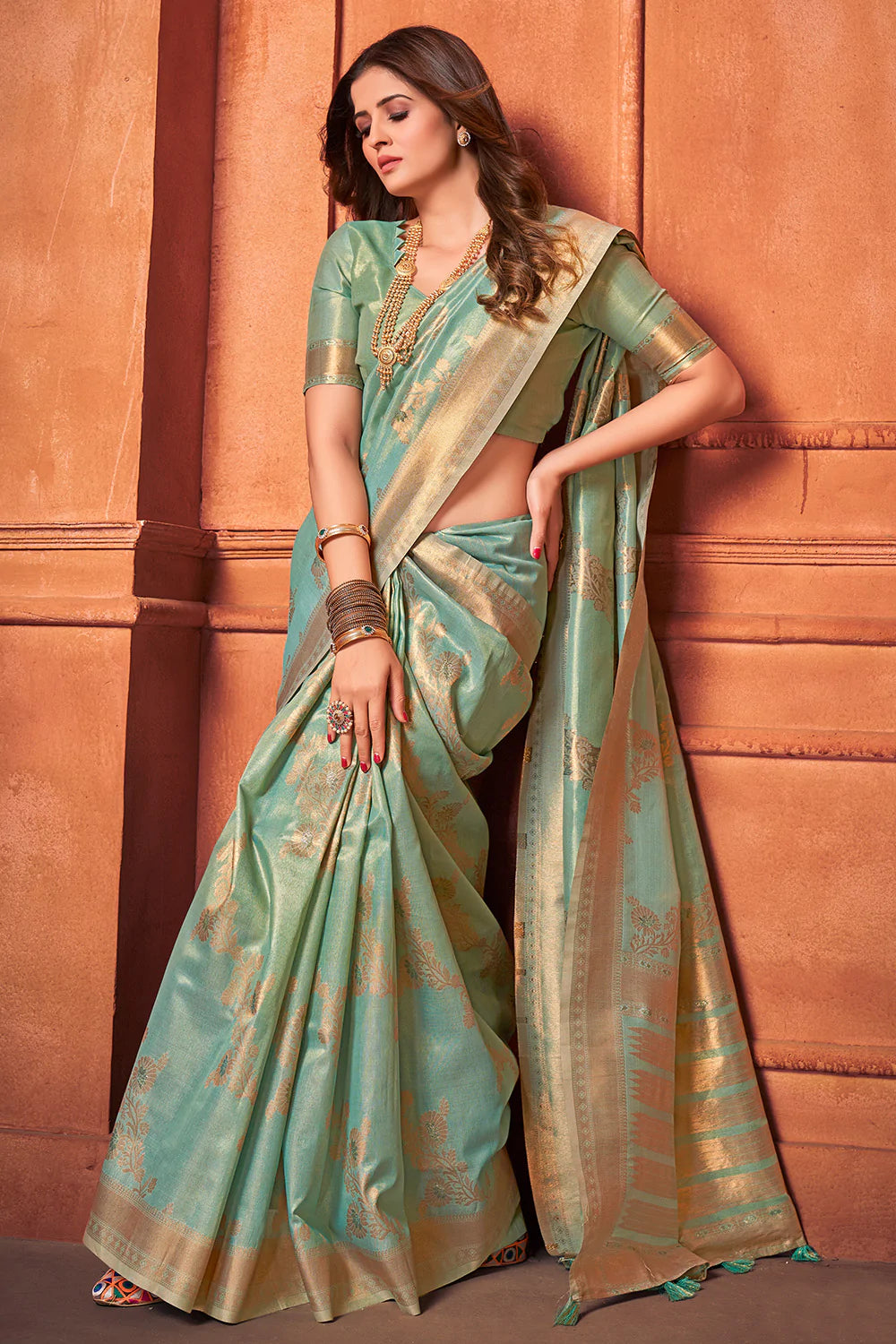 Buy MySilkLove Avocado Green Cotton Tissue Silk Saree Online