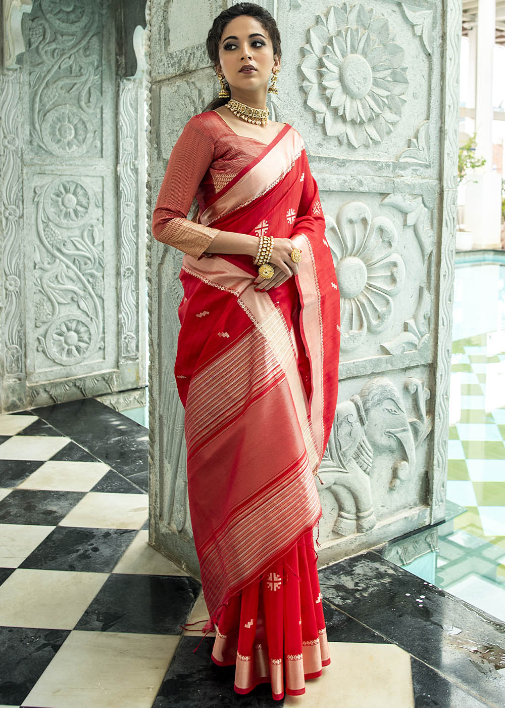 Buy MySilkLove Sunset Red Zari Woven Tussar Silk Saree Online