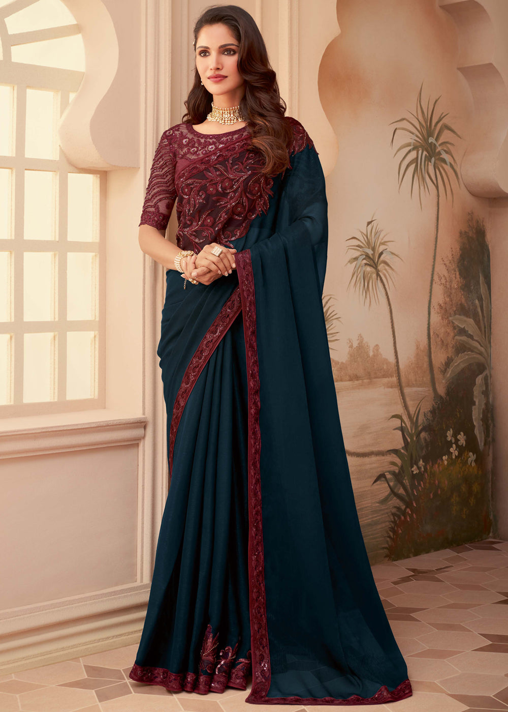 Buy MySilkLove Firefly Blue Georgette Designer Saree with Embroidered Blouse Online