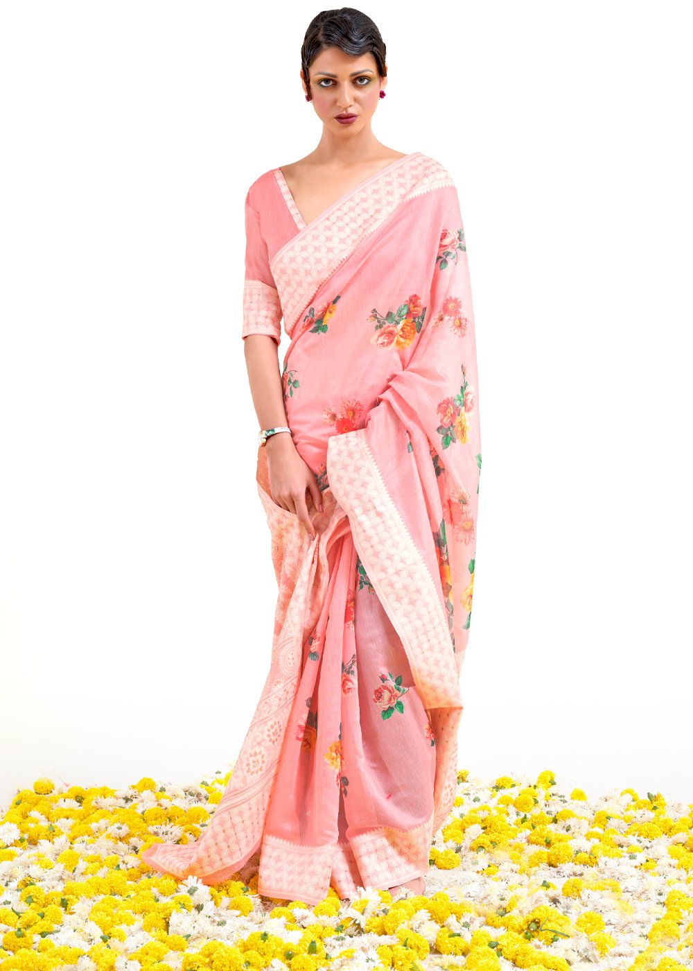 Buy MySilkLove Azalea Pink Zari Woven Digital Printed Linen Saree Online