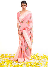 Azalea Pink Zari Woven Digital Printed Linen Saree