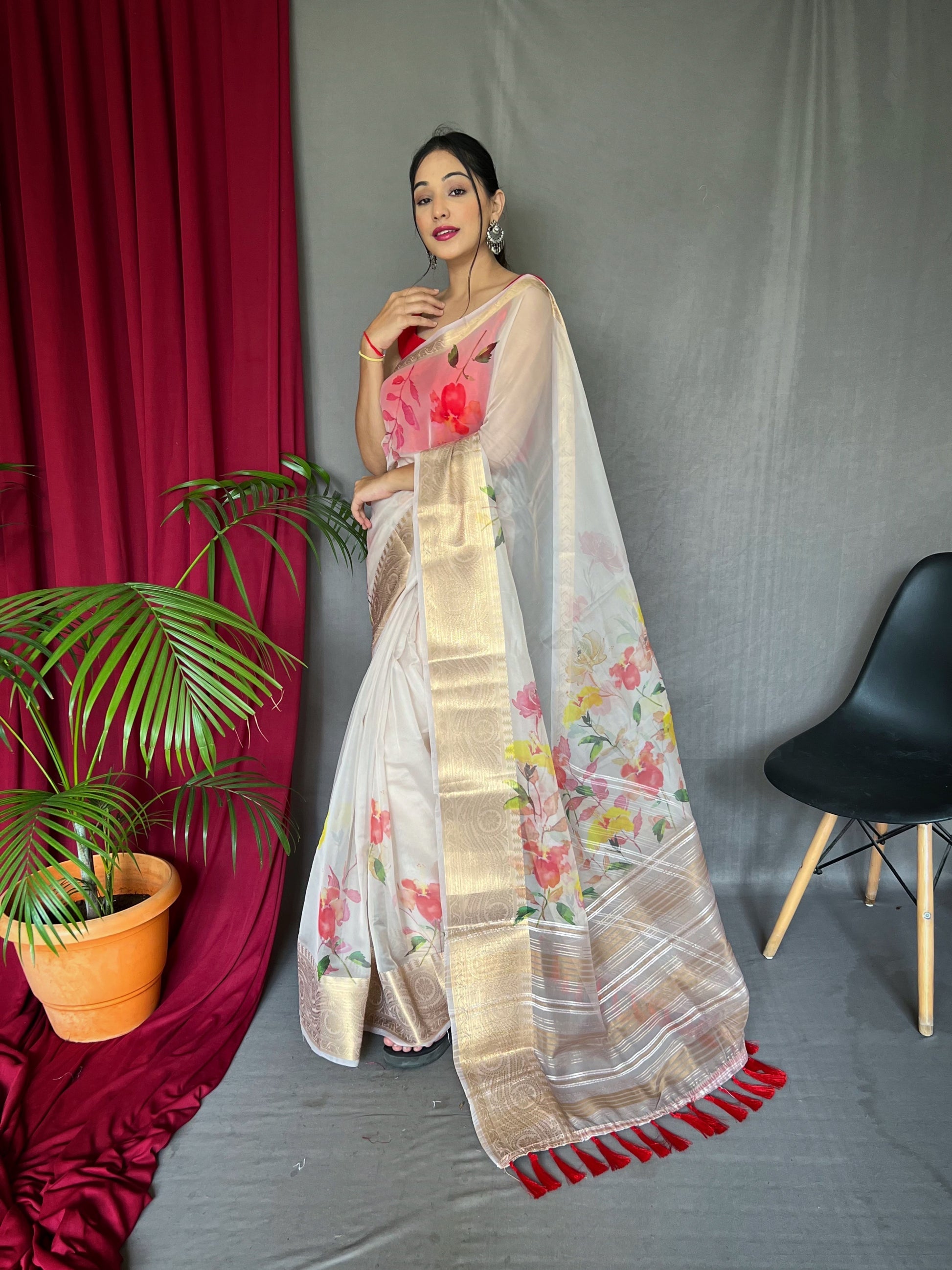 Buy MySilkLove Light Grey Organza Digital Floral Printed Saree Online