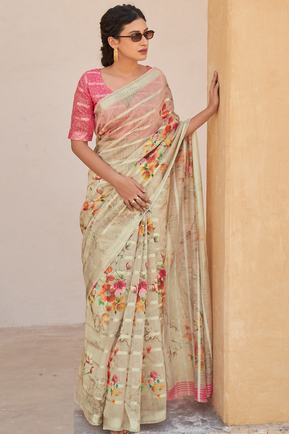 Buy MySilkLove Stark Cream Digital Printed Linen Floral Saree Online