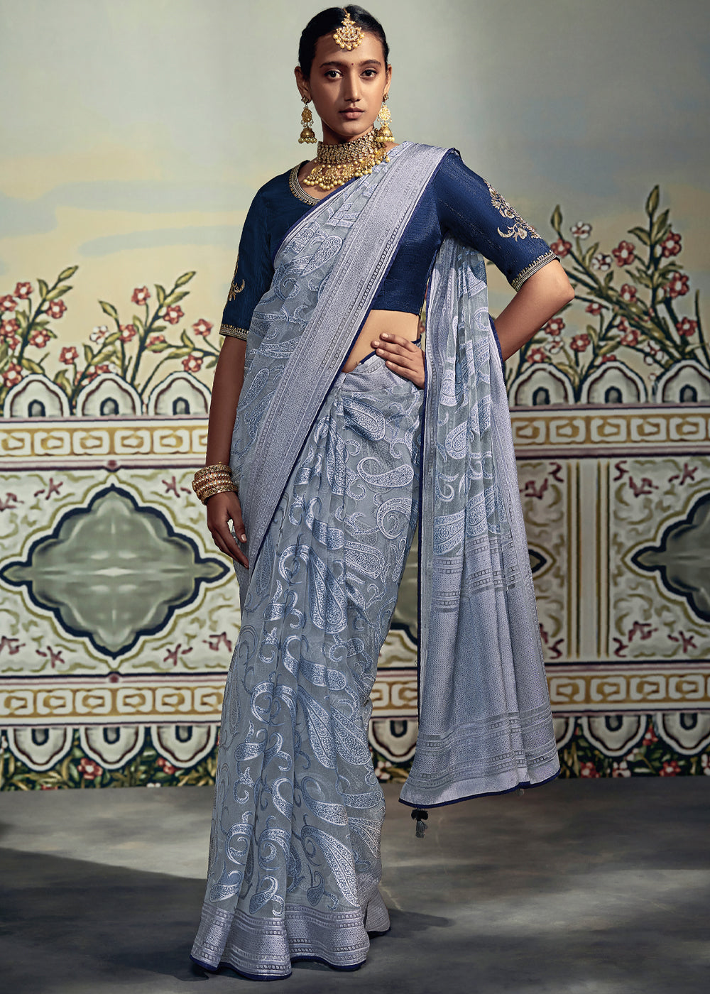 Buy MySilkLove Pale Sky Grey and Blue Woven Soft Silk Saree with Embroidered Blouse Online