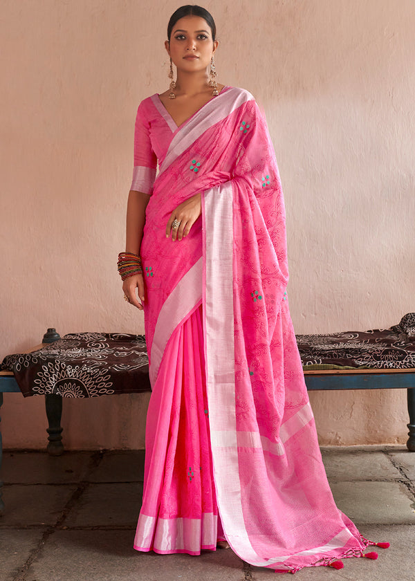 Froly Pink Floral Embroidered Linen Saree