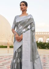 Friar Grey Zari Woven Banarasi Linen Saree
