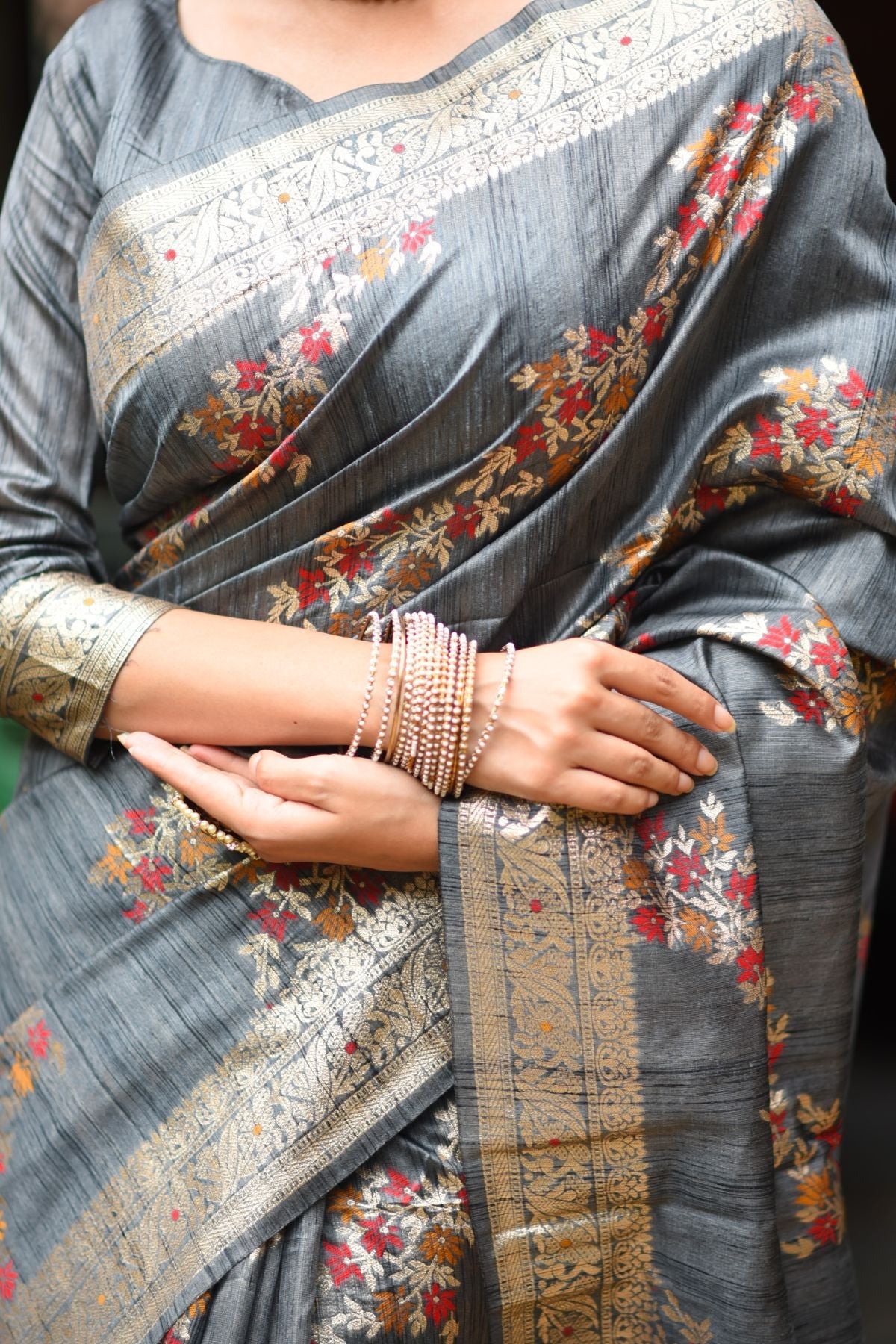 Buy MySilkLove Bombay Grey Woven Tussar Silk Saree Online