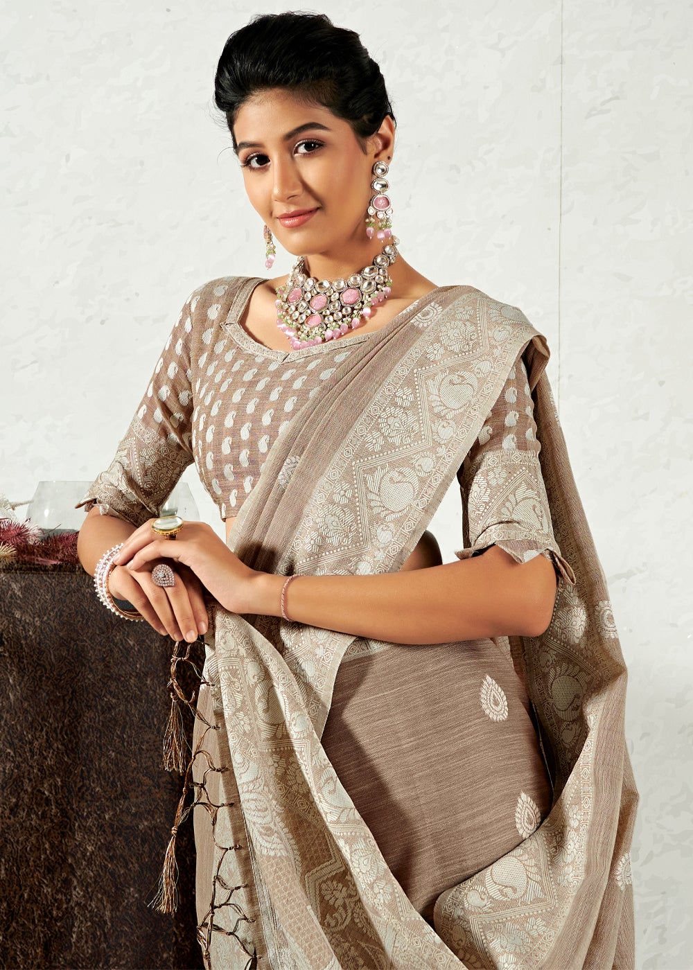 Buy MySilkLove Rodeo Brown Zari Woven Linen Saree Online