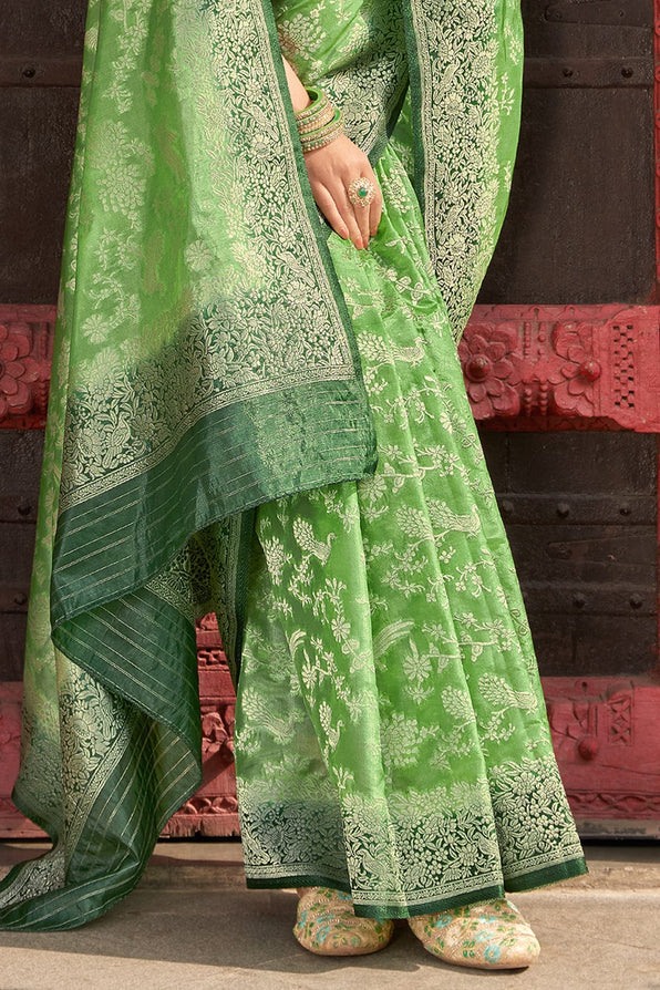 Buy MySilkLove Olivine Green Organza Saree Online