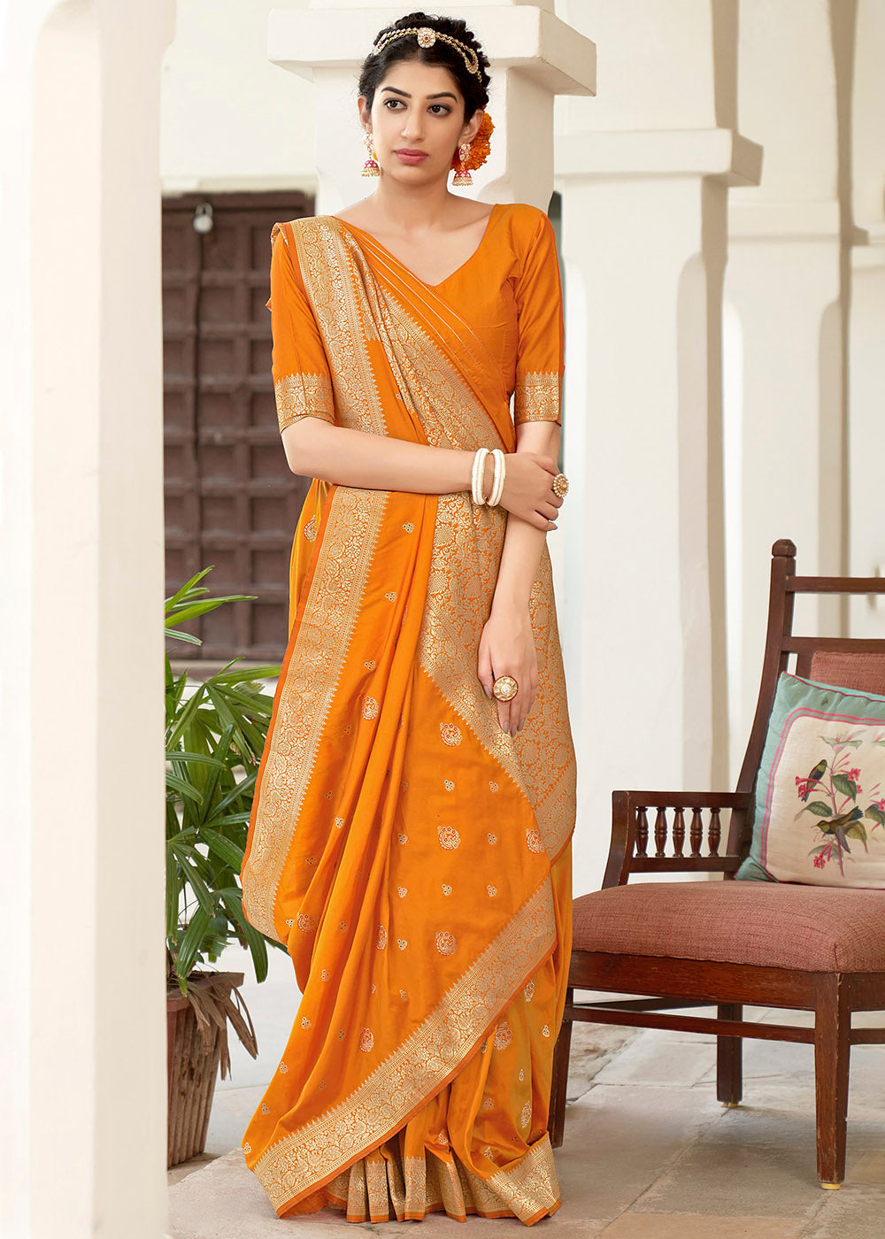 Buy MySilkLove Salomie Orange Zari Woven Banarasi Silk Saree with Butti Work Online