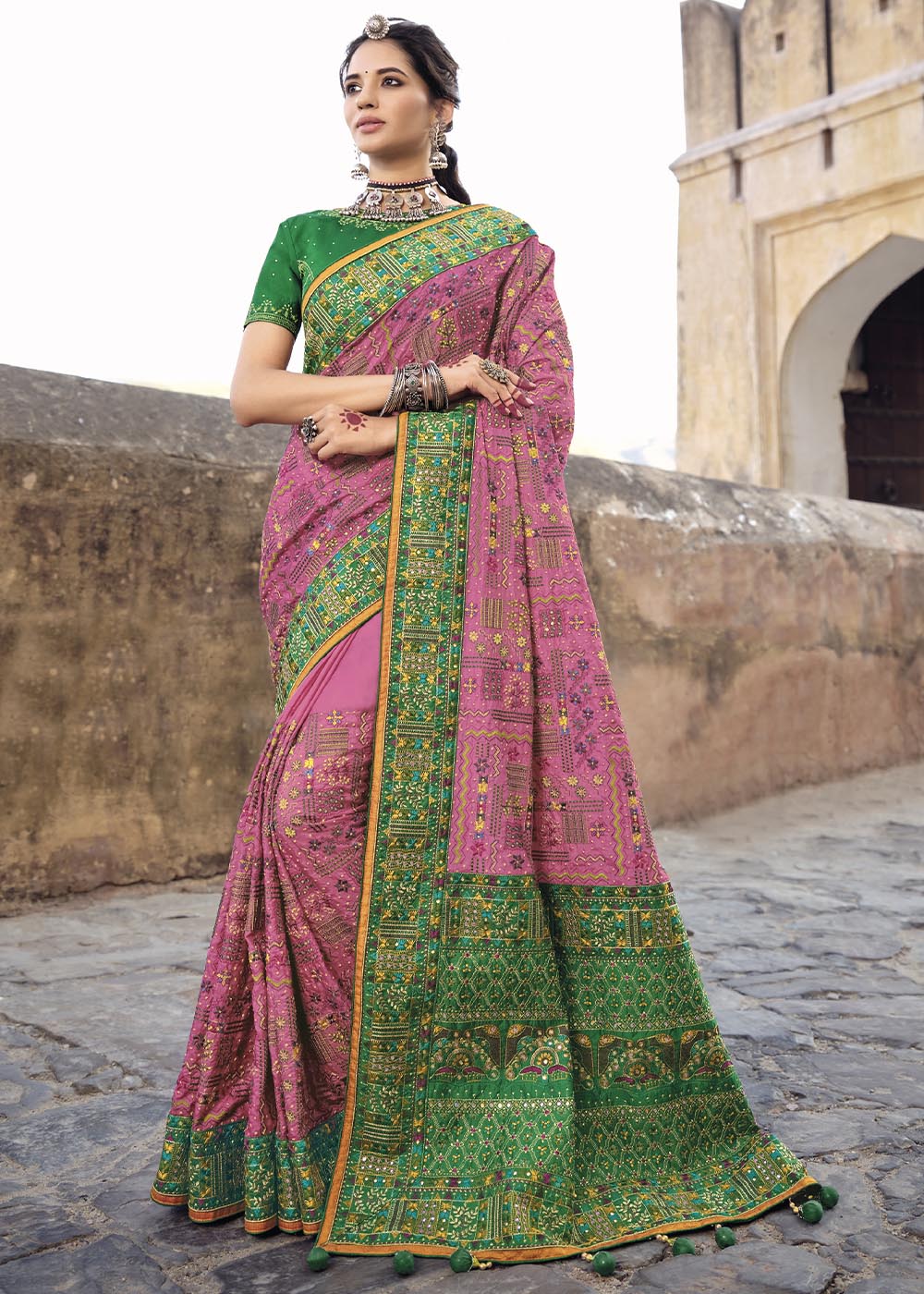 Buy MySilkLove Contessa Pink and Green Banarasi Saree with Kachhi,Mirror and Diamond Work Online