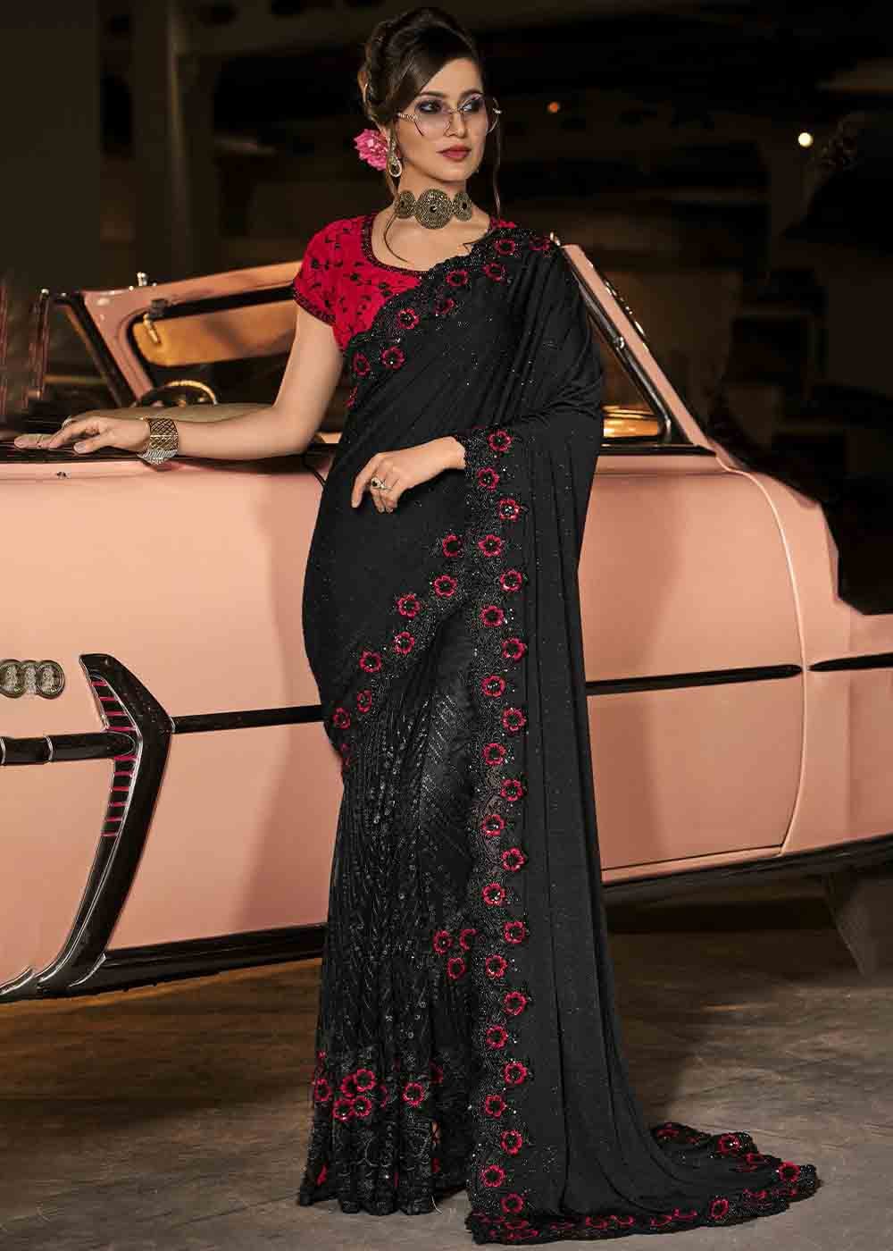 Buy MySilkLove Emperor Black and Red Heavy Work Designer Net Saree Online