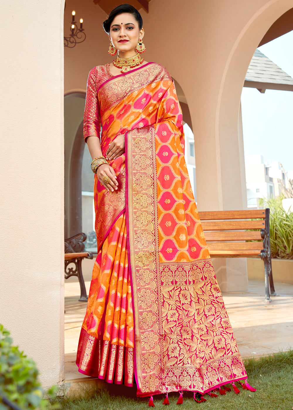 Buy MySilkLove Punch Orange and Red Wonen Banarasi Rangkath Silk Saree Online