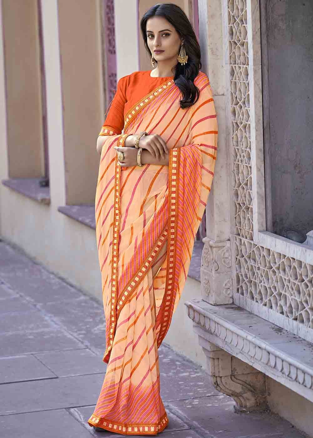 Buy MySilkLove Heath Orange Printed Georgette Saree Online