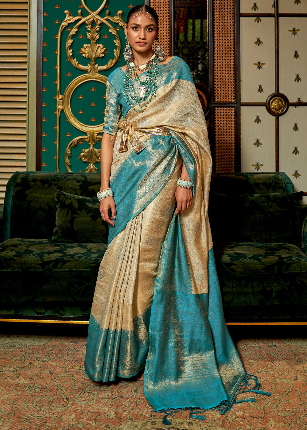 Buy MySilkLove Sorrell Cream and Blue Zari Woven Banarasi Tussar Saree Online