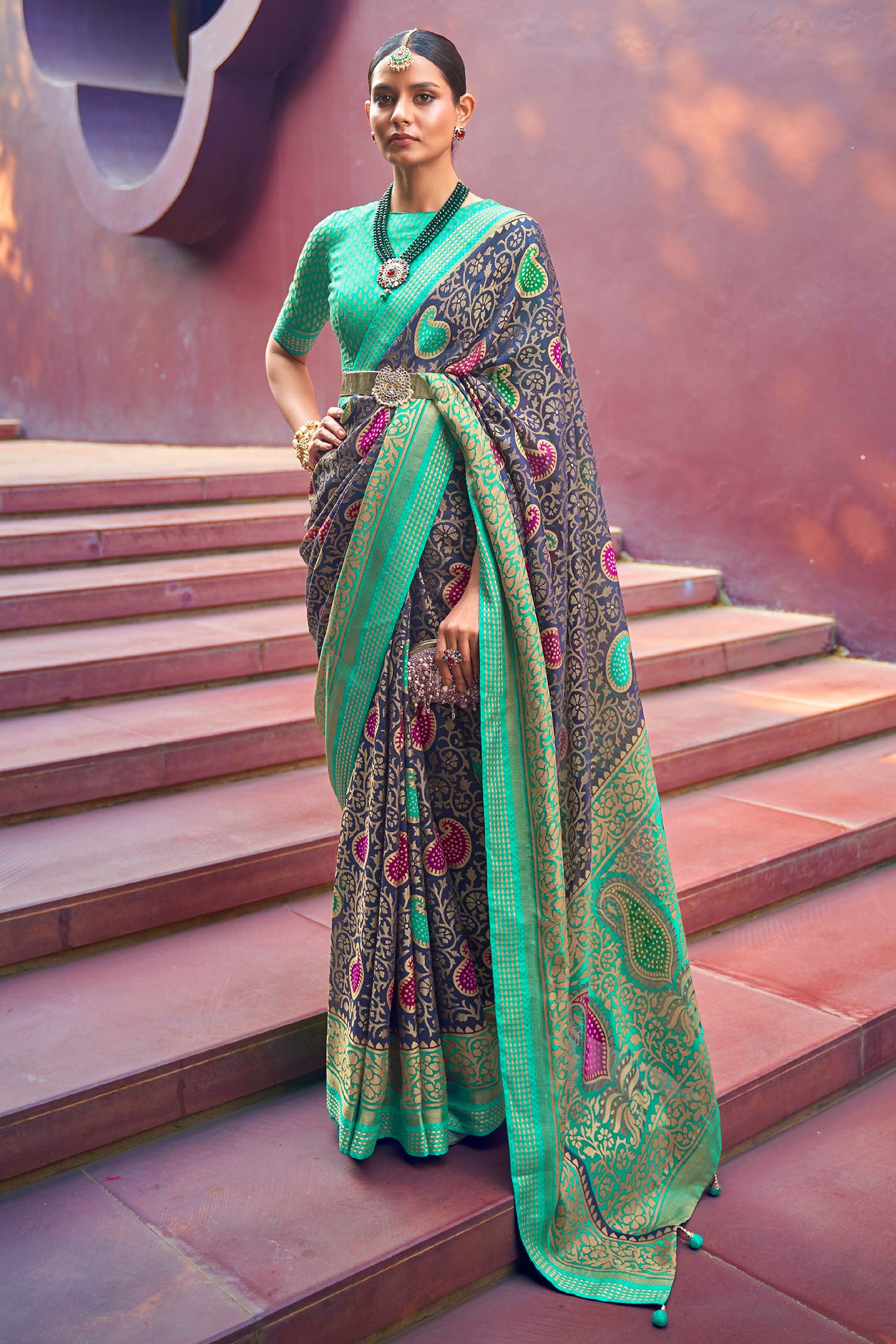 Trout Blue and Green Printed Brasso Saree