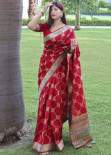Carmine Red Zari Woven Tussar Silk Saree