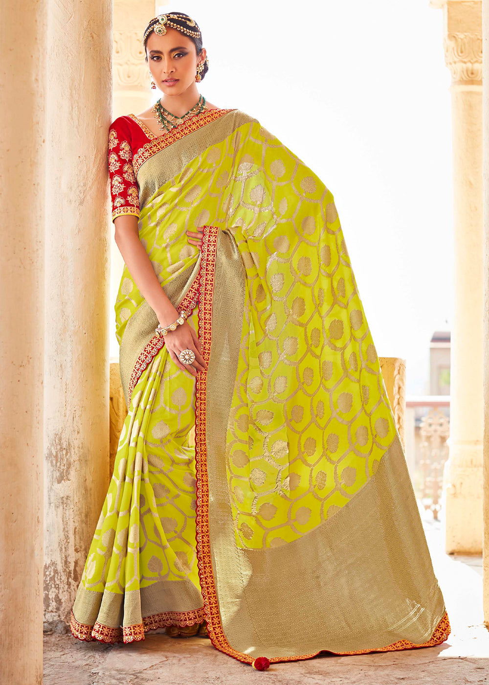Buy MySilkLove Wattle Green Zari Woven Designer Banarasi Saree Online