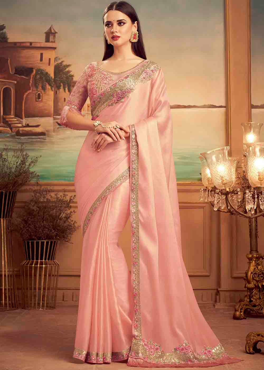 Mona Pink Embroidered Satin Silk Designer Saree