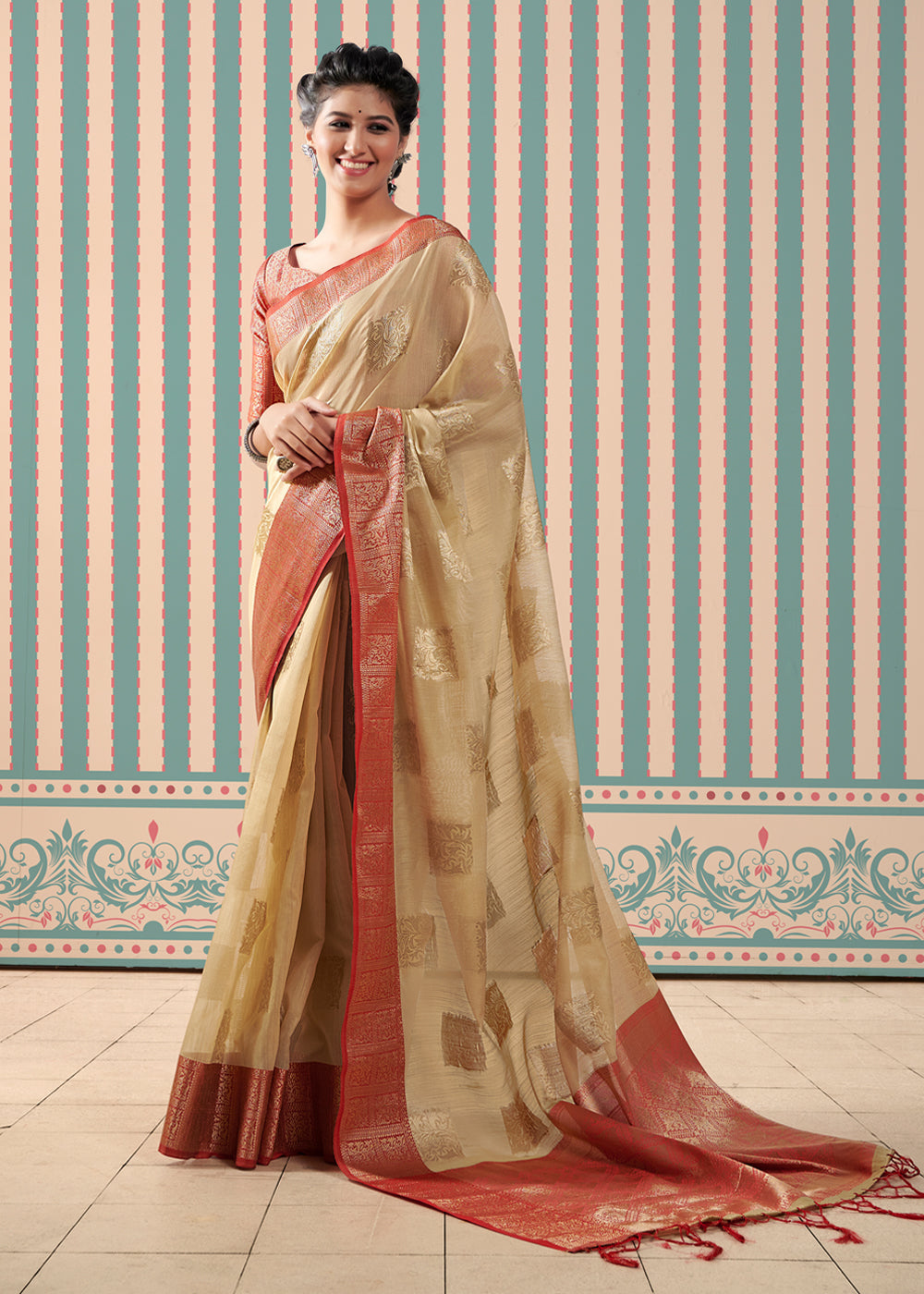 Buy MySilkLove Muddy Water Cream Zari Woven Banarasi Brocade Linen Saree Online