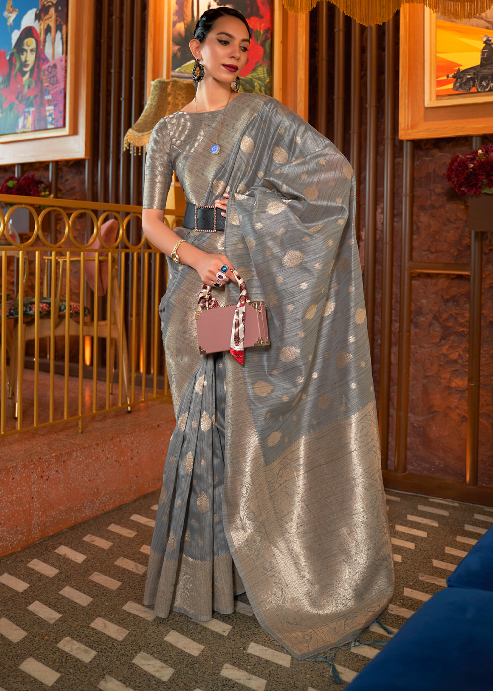 Buy MySilkLove Sand Dune Grey Banarasi Woven Textured Silk Saree Online