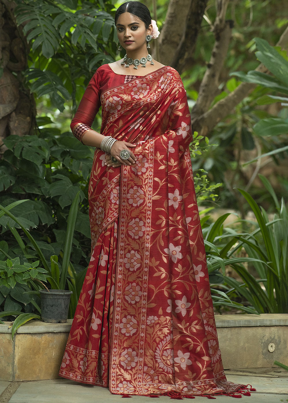 Buy MySilkLove Dark Red Zari Woven Floral Tussar Saree Online
