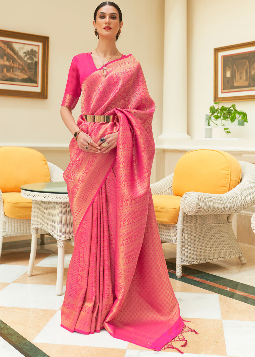Buy MySilkLove Hot Pink Zari Woven Kanjivaram Saree Online