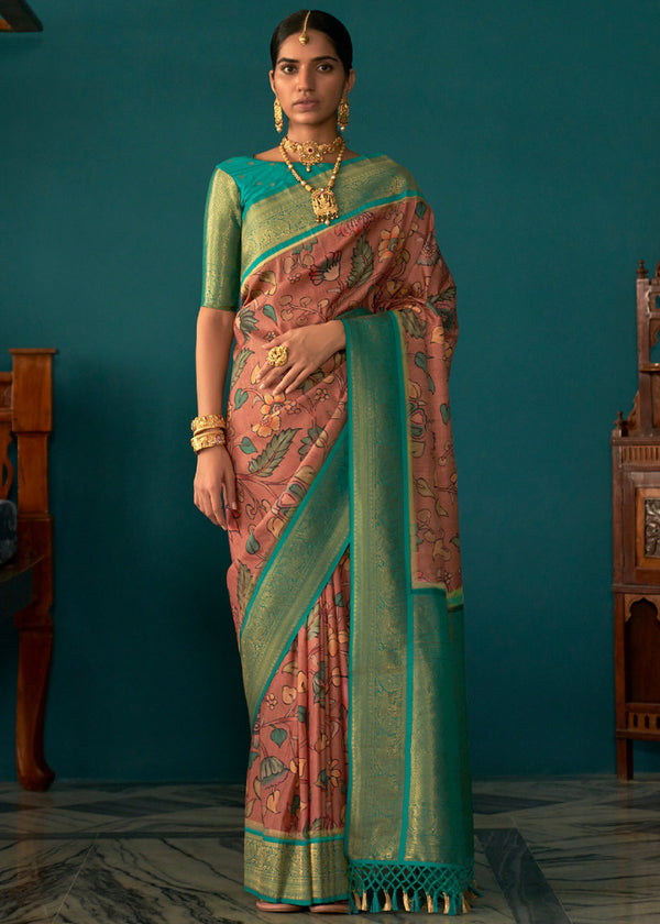 Copperfield Pink Woven Banarasi Tussar Silk Kalamkari Saree