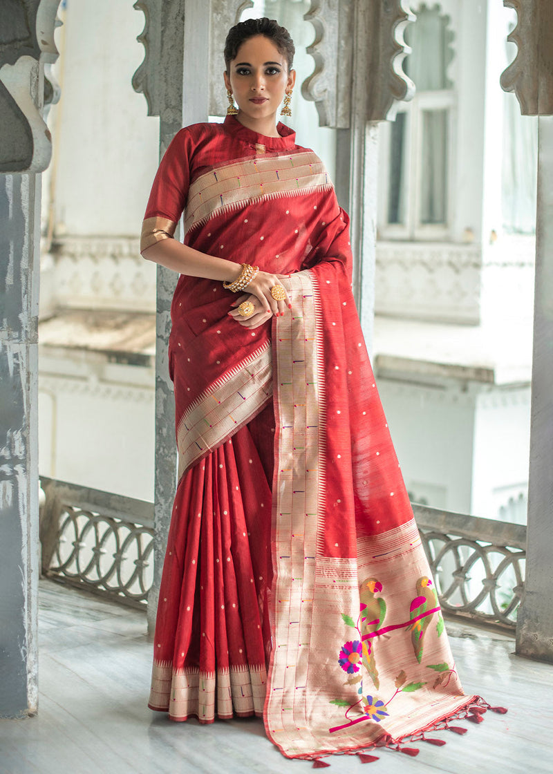 Cinnabar Red Zari Woven Tussar Paithani Silk Saree