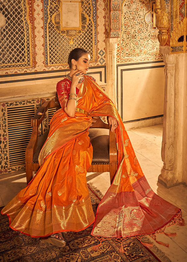 Neon Carrot Orange Banarasi Tussar Woven Silk Saree