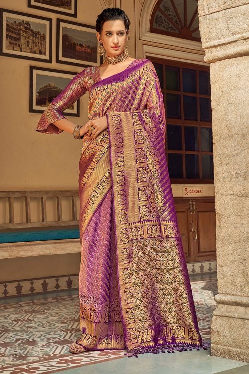 Buy MySilkLove Tapestry Purple Zari Woven Tanchui Kanjivaram Fusion Silk Saree Online