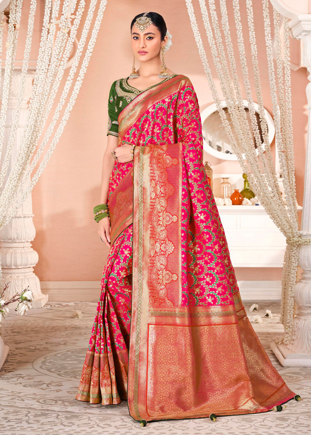 Buy MySilkLove Wild Pink and Green Zari Woven Banarasi Saree with Designer Blouse Online