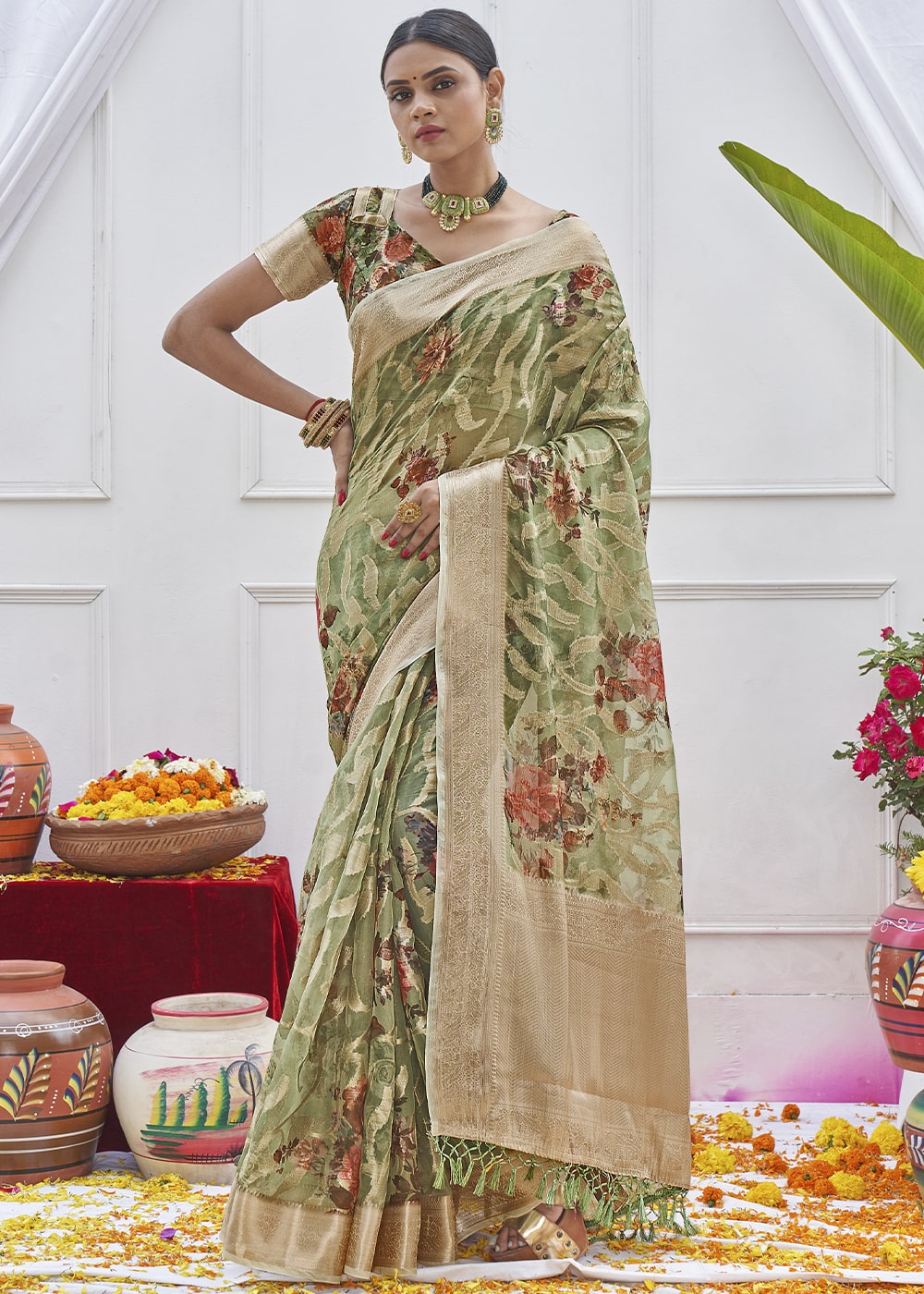 Buy MySilkLove Sage Green Digital Printed Organza Silk Saree Online