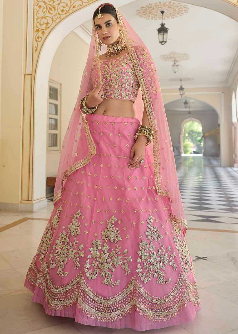 Buy MySilkLove Charm Pink Soft Net Designer Lehenga Choli With Dori & Sequins Work Online