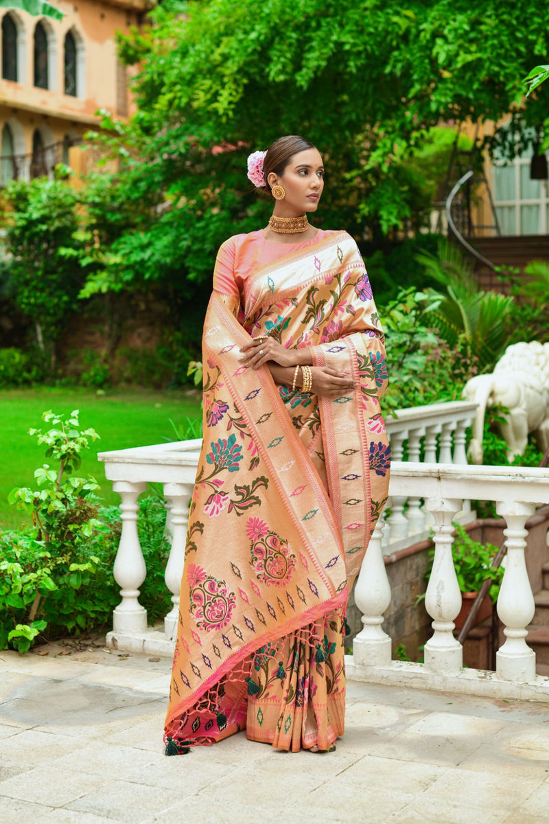 Off White and Pink Woven Banarasi Silk Saree – MySilkLove