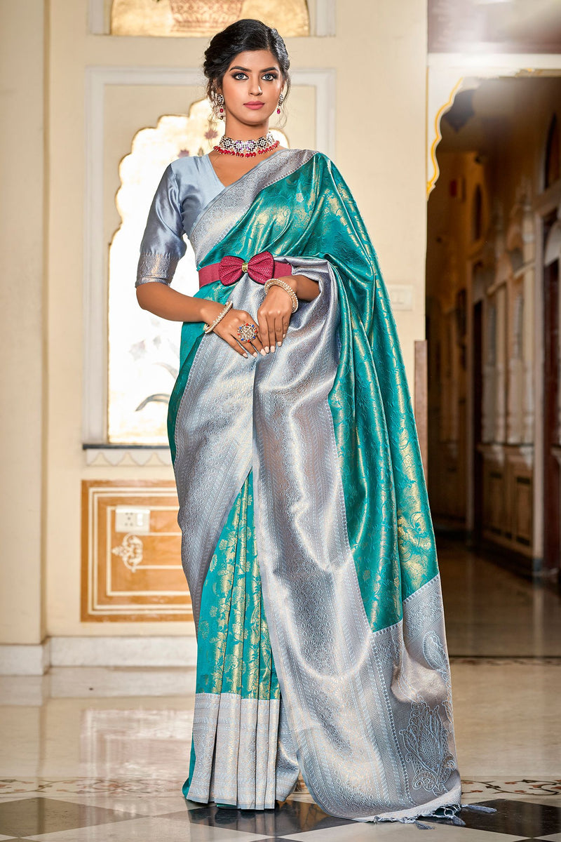 Banarasi silk chiffon saree in green with silver buttis & border