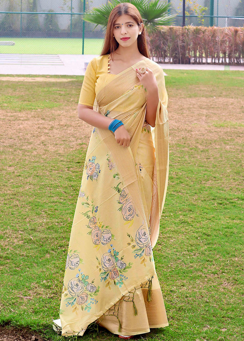 Calico Yellow Floral Printed Soft Silk Saree