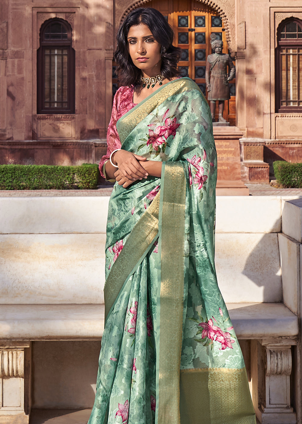 Buy MySilkLove Envy Green Digital Printed Banarasi Cotton Saree Online