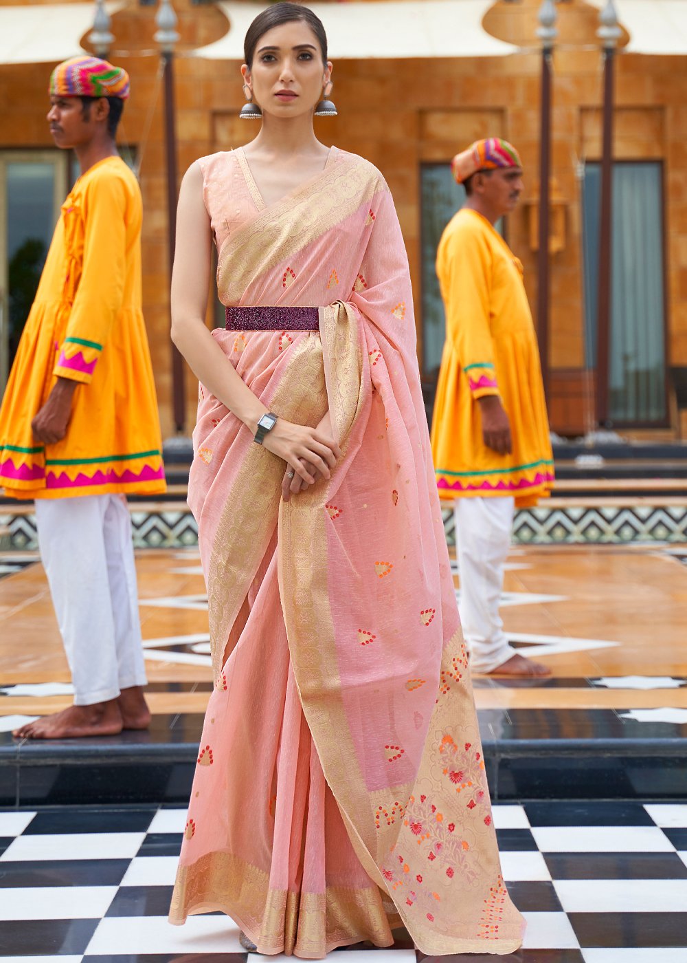 My Blush Pink Zari Woven Banarasi Linen Saree – Mysilklove