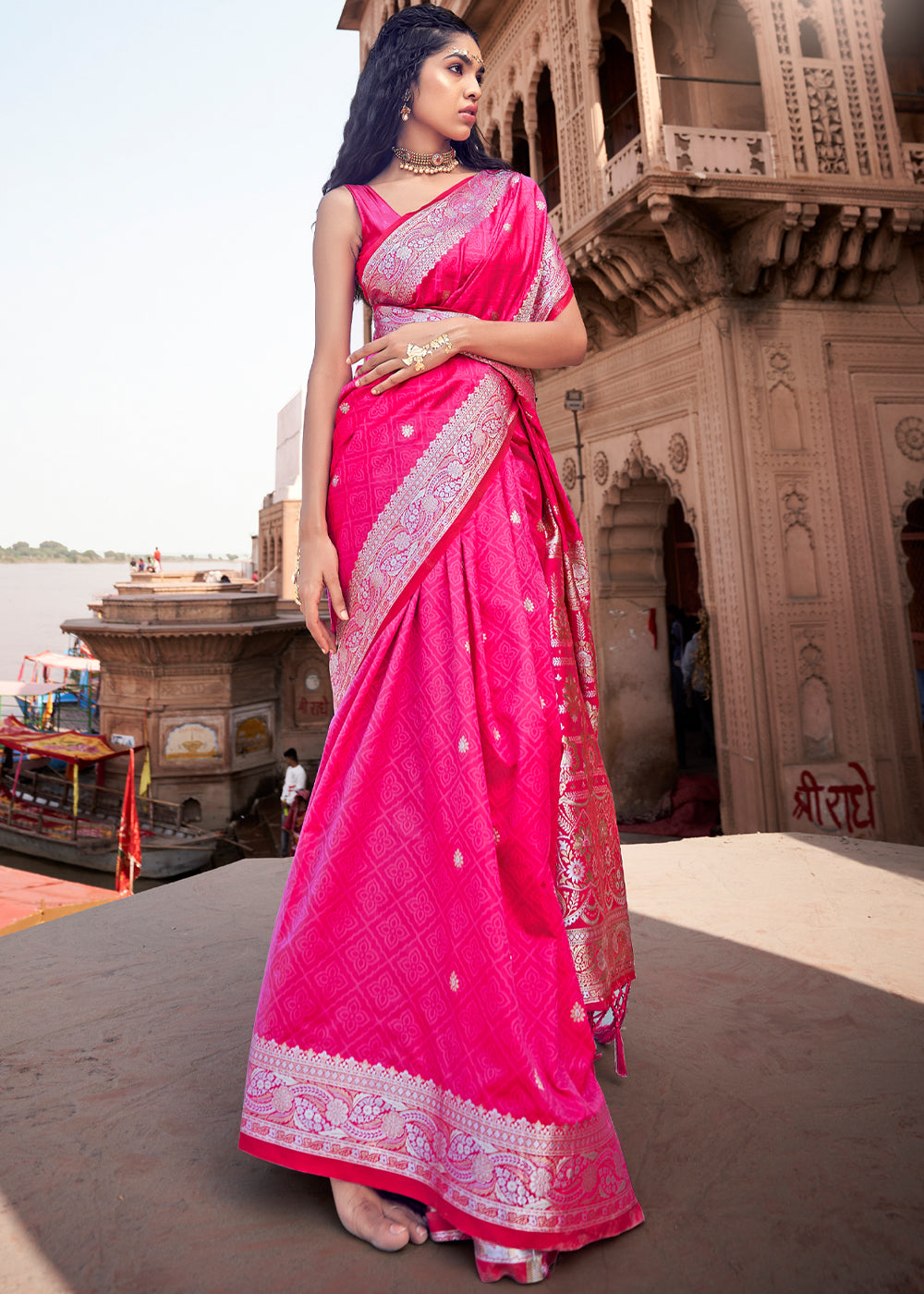 Buy MySilkLove Rose Pink Woven Banarasi Satin Silk Saree Online