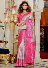 Off White and Pink Woven Banarasi Silk Saree – MySilkLove
