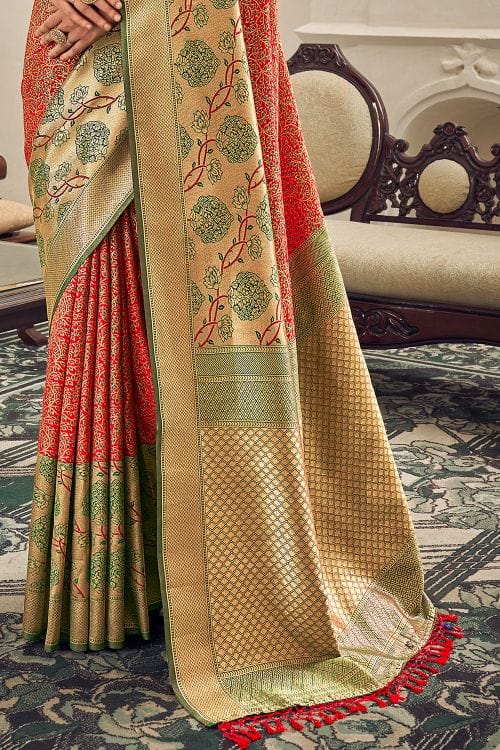 Buy MySilkLove Crail Red and Green Zari Woven Banarasi Saree Online