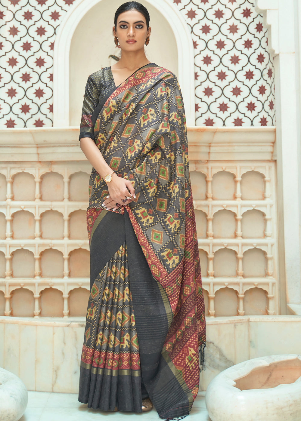 Buy MySilkLove Olive Haze Grey Patola Digital Printed Saree Online