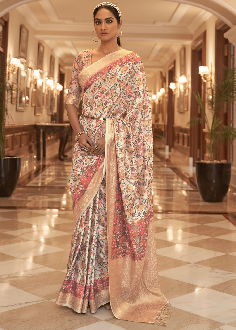 Buy MySilkLove Papaya Whip White Banarasi Digital Kanni Printed Silk Saree Online